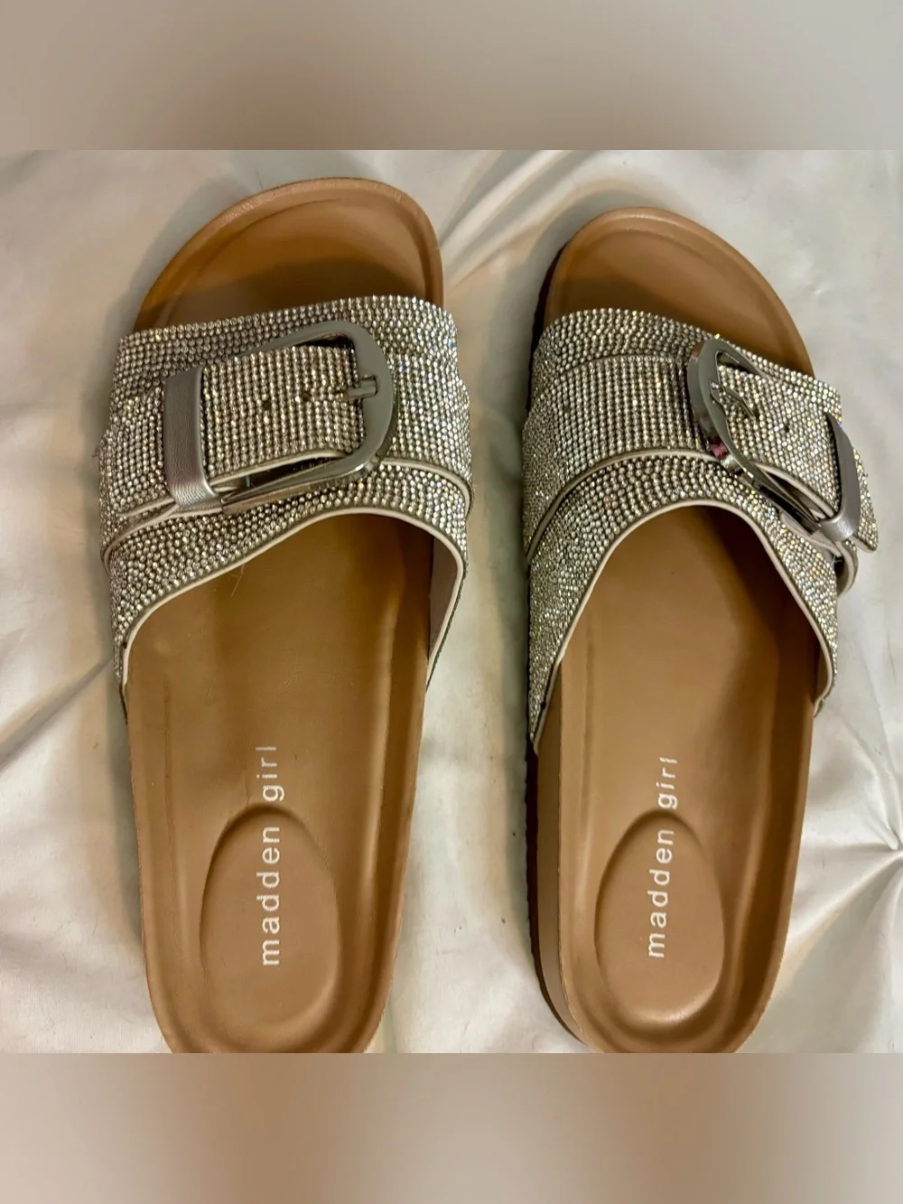 Madden Girl Silver Rhinestone Buckle Slide Sandals